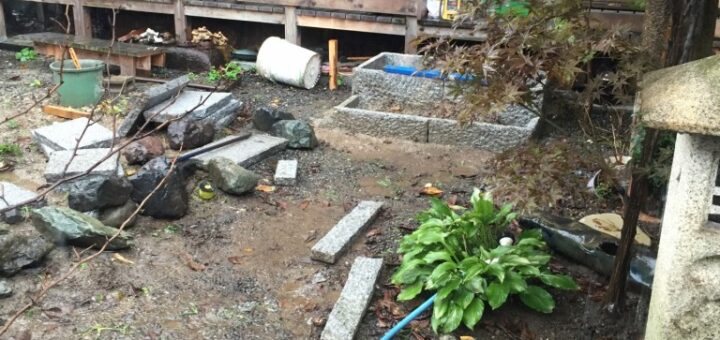 名古屋・千種の石階段・土留め石・芝張り工事