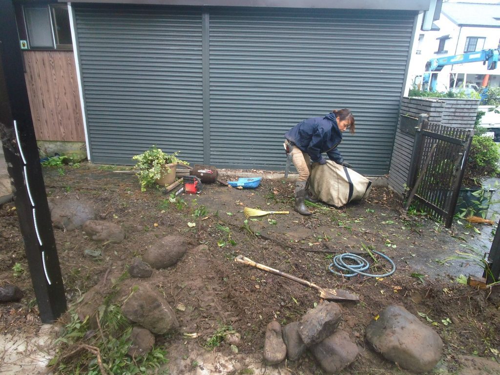 三河地方で庭木・庭石の撤去作業 16 あとは、低木・草本類や手で持てる石を片つけます