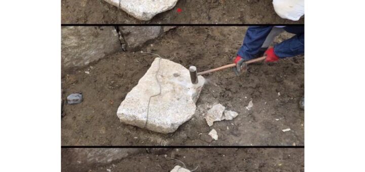 石材加工 ハンマーを使って、赤点に沿って割ることができます