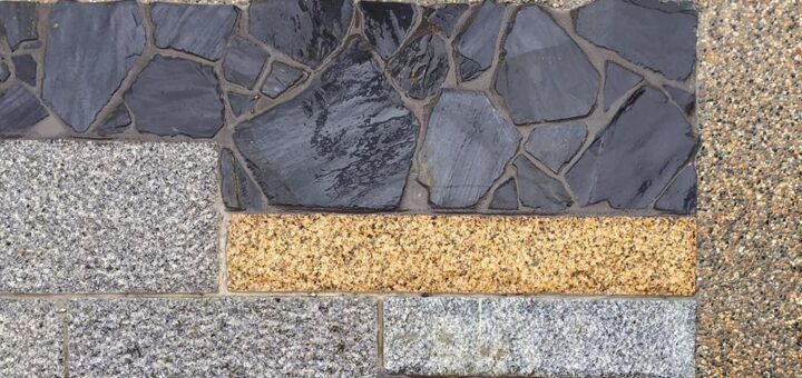 御影石板石、延石、ブラックスレートの石張りアプローチ