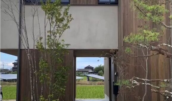 鉄平石のアプローチ　植栽の添えの景石にはゼウスロック