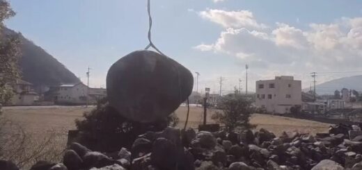 庭石の山からお客さんの選んだ庭石を玉掛けして吊り出す part4