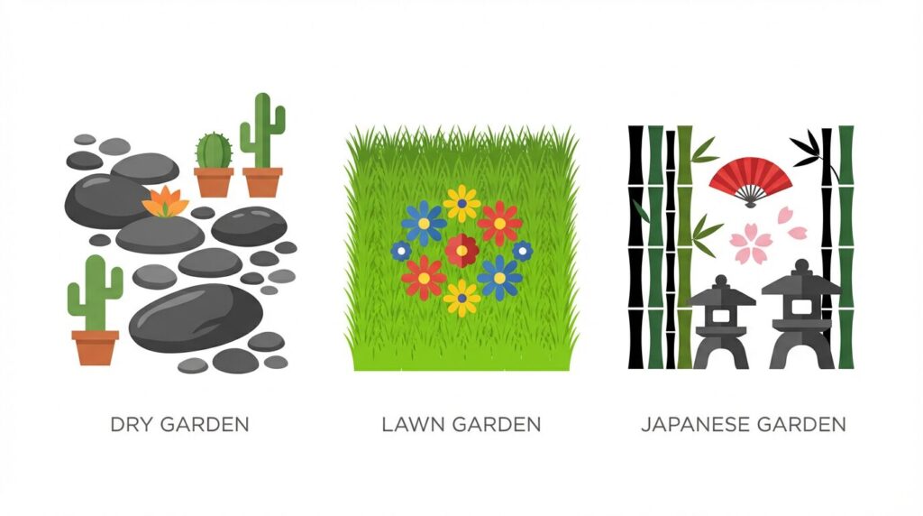 A modern illustration comparing three garden types 1765627837031