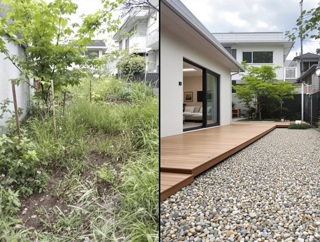 庭石でつくるおしゃれな庭アイデア大全|テイスト別・場所別・色別 15 ウッドデッキと川砂利