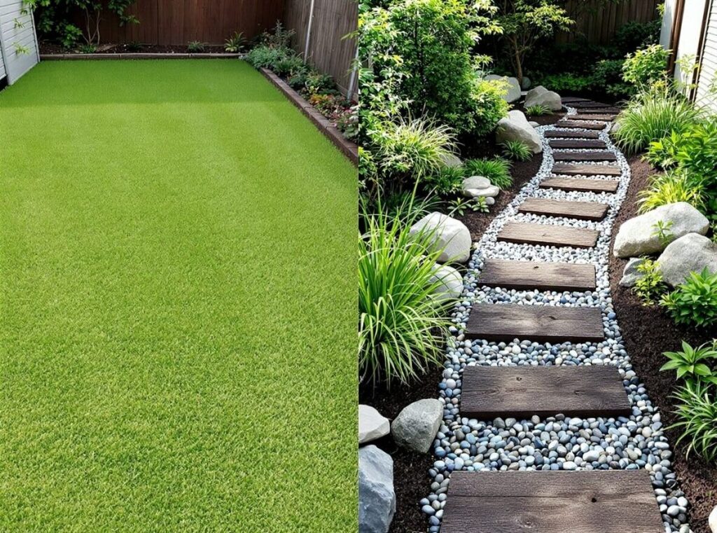 庭石でつくるおしゃれな庭アイデア大全|テイスト別・場所別・色別 14 枕木を飛び石のように使ったアプローチ