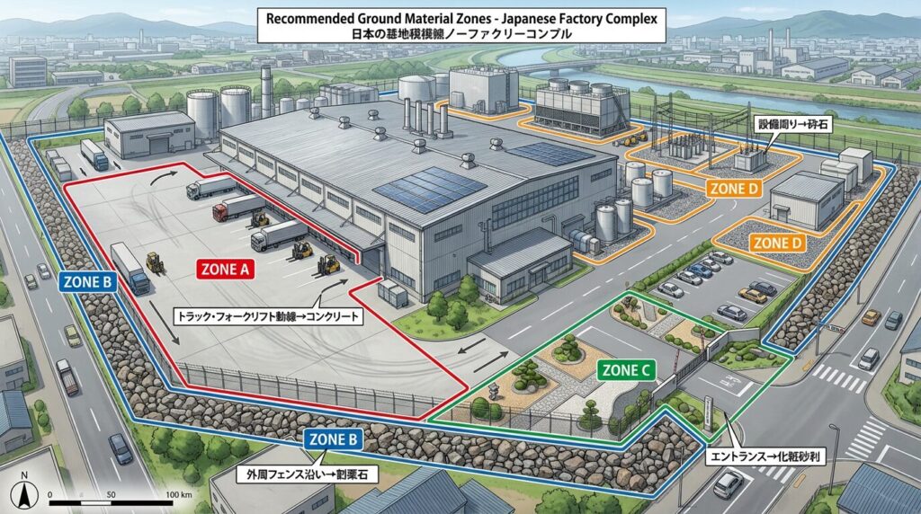 工場・倉庫外構の舗装比較|砂利・割栗石 vs コンクリート コスト・耐久性・メンテを徹底解説 6 エリア別の石の使い分け