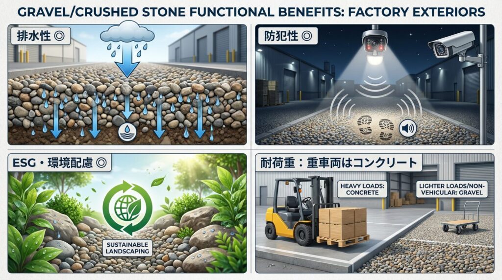 工場・倉庫外構の舗装比較|砂利・割栗石 vs コンクリート コスト・耐久性・メンテを徹底解説 5 石を使うことによる排水・防犯・ESG・耐久性