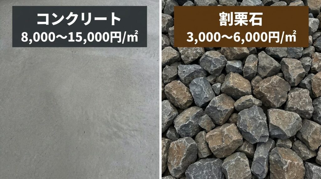 工場・倉庫外構の舗装比較|砂利・割栗石 vs コンクリート コスト・耐久性・メンテを徹底解説 3 石とコンクリートのコスト差