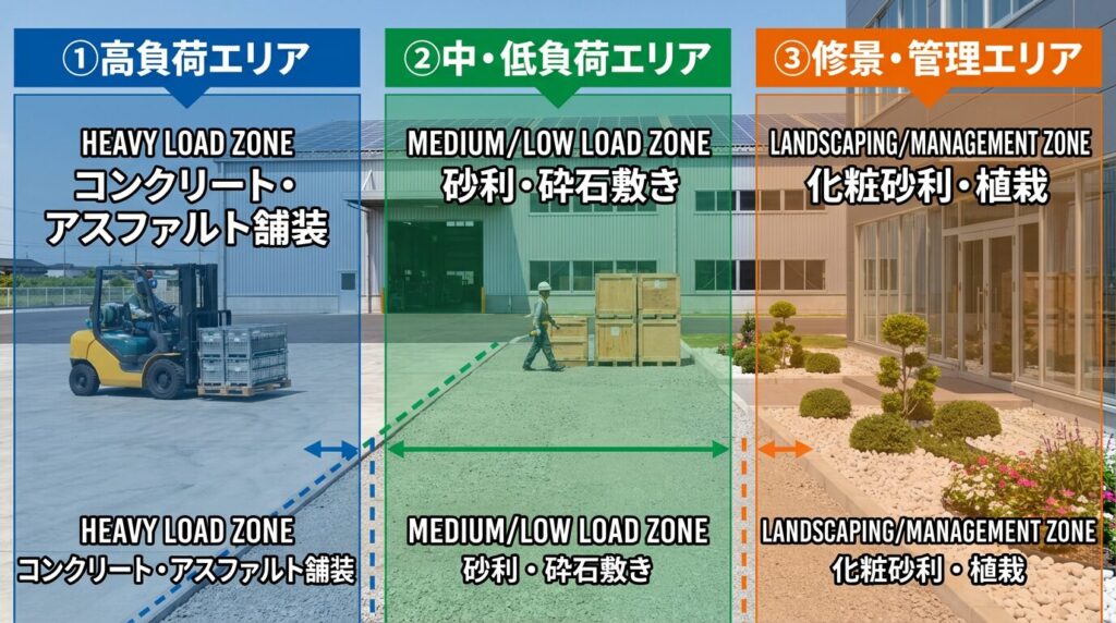 工場・倉庫外構の舗装比較|砂利・割栗石 vs コンクリート コスト・耐久性・メンテを徹底解説 2 場所による初期コスト(イニシャルコスト)と維持管理費